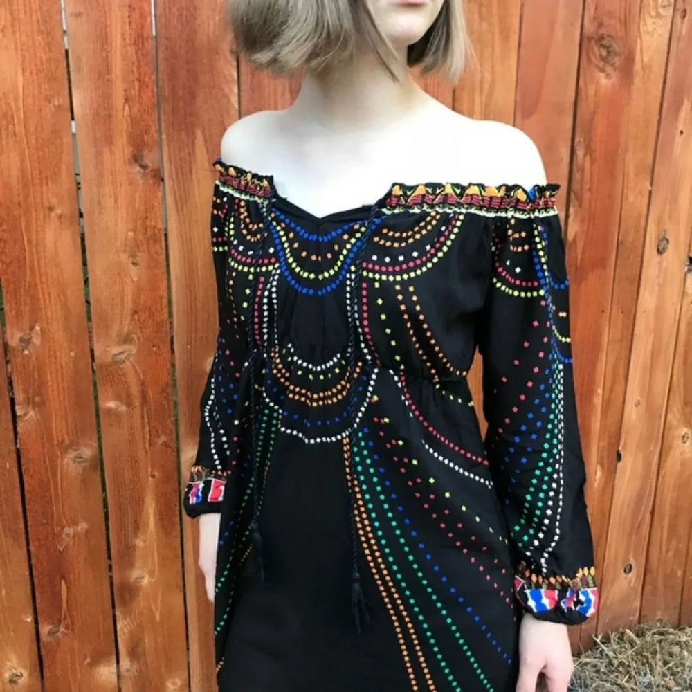 BoHo Off shoulder Maxi long dress small printed hippie bohemian black tomato - Picture 6 of 8